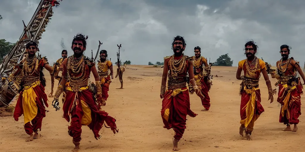 Prompt: sri lankan mad max style, sri lankan kandyan dancers, film still, epic shot cinematography, rule of thirds