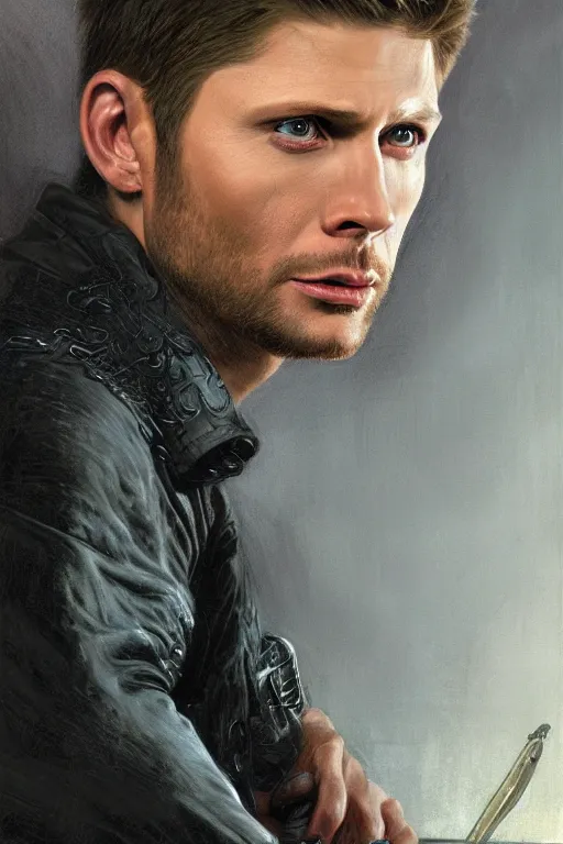 Image similar to a detailed matte portrait of an jensen ackles dressed as angel from buffy the vampire slayer, masterpiece, 8 k, art by donato giancola and greg rutkowski and wayne barlow and zdzisław beksinski