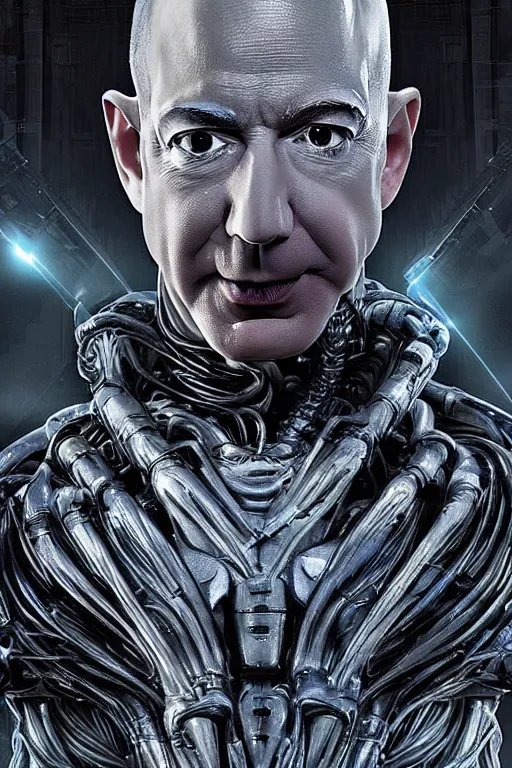 Image similar to jeff bezos as a filthy alien invader with a laser weapon, photorealistic, cinematic lighting, highly detailed, very intricate, by hr giger