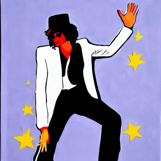 Image similar to paining of Michael Jackson moon walking, pop art, white suit and hat