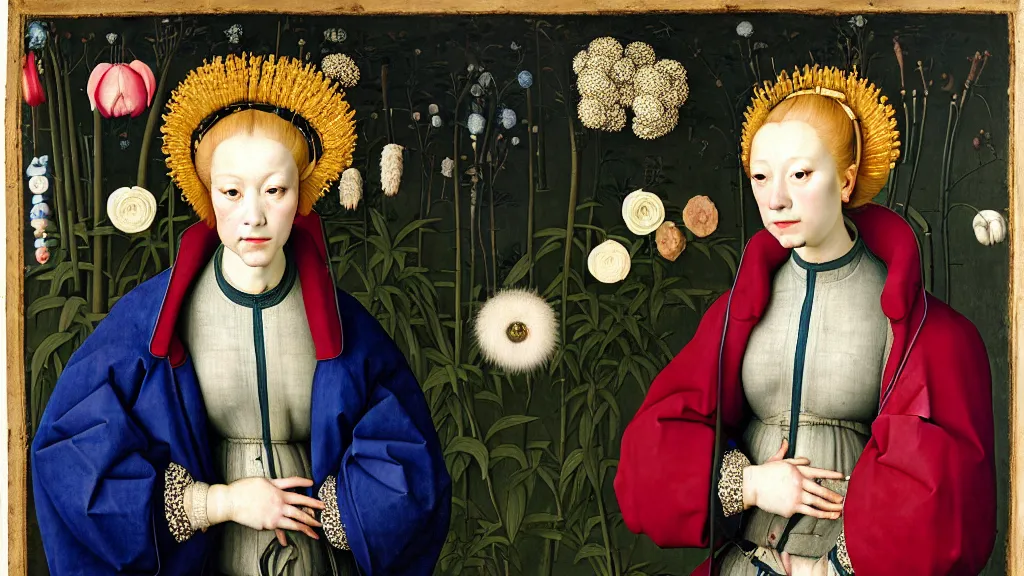 Prompt: portrait of a woman with blonde hair, wearing a blue puffer jacket and baggy jeans, standing in a room full of plants and flowers, white background, intricate details, high detail, in the style of rogier van der weyden and jacopo da pontormo, punk, asian art,