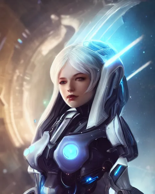 Image similar to perfect android girl on a mothership, warframe armor, beautiful face, scifi, futuristic, galaxy, nebula, raytracing, dreamy, long white hair, blue cyborg eyes, sharp focus, cinematic lighting, highly detailed, artstation, divine, by gauthier leblanc, kazuya takahashi, huifeng huang