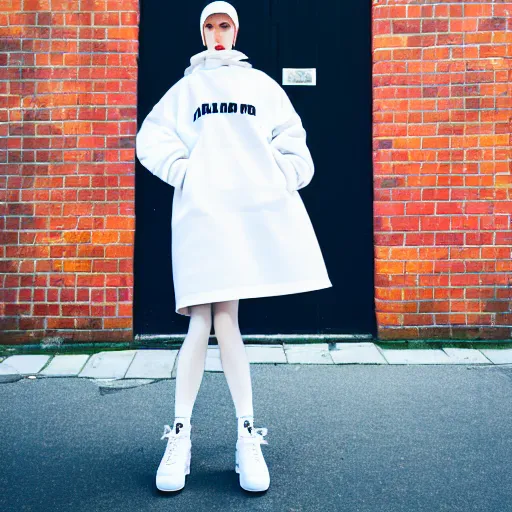 Image similar to un ultra high definition modern streetwear art photographic portrait of a female designer standing outside her red brick london home wearing all white. wide angle. three point light. golden hour, golden ratio, ray tracing, volumetric light and shadow, shallow depth of field.