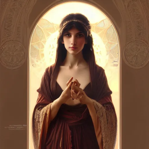 Prompt: portrait of a hot mystic girl, intricate, elegant, highly detailed, digital painting, artstation, concept art, smooth, sharp focus, illustration, art by artgerm and greg rutkowski and alphonse mucha and william - adolphe bouguereau