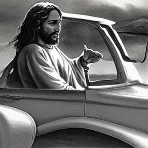 Image similar to jesus driving a car