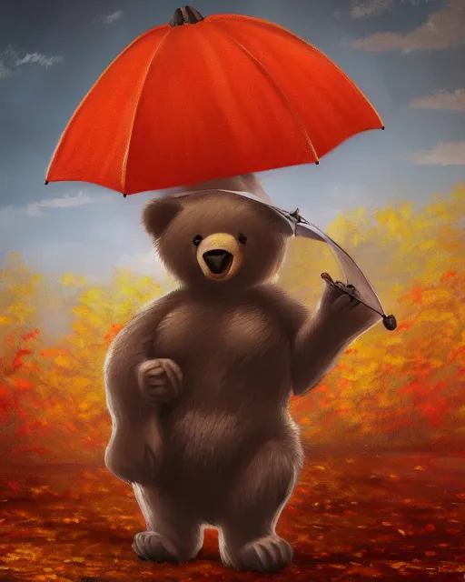 Image similar to autumn a bear with an umbrella by samuel smith trending on artstation