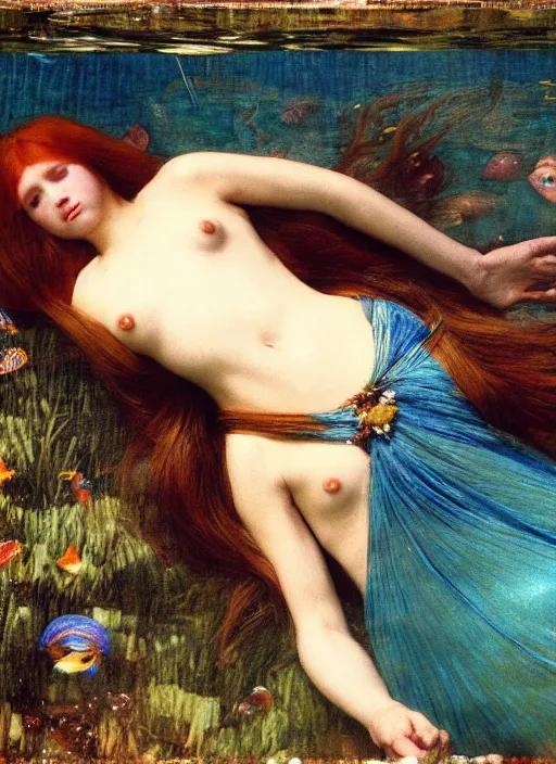 Image similar to lady laying under the sea on the seabed amongst the weeds, underwater shot, submerged, medium shot, on the bed of the river preraphaelite colour photography by john william waterhouse, 8 k