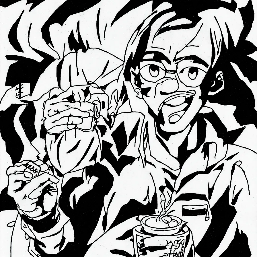 Prompt: manga portrait of a man drinking coffee akira toriyama, lineart, black and white, scifi, big clouds visible in the background, stars in the sky, high contrast, deep black tones