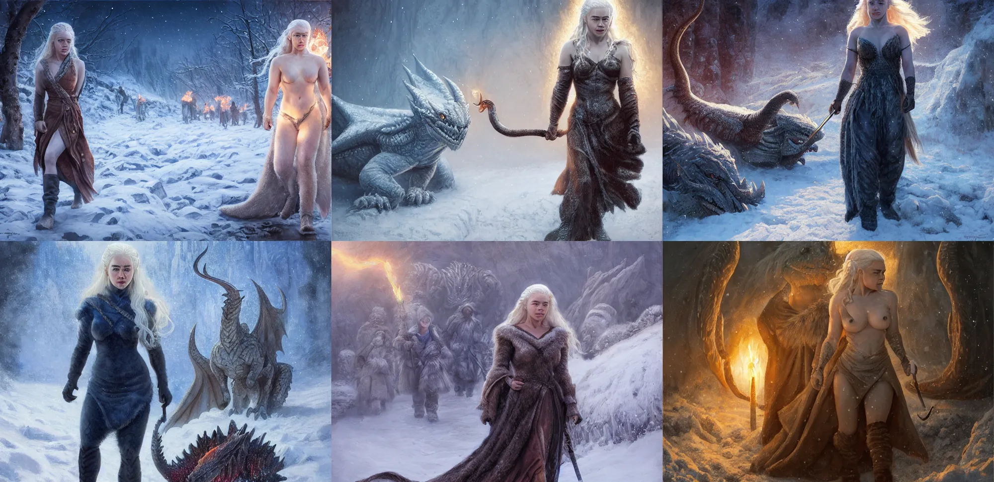 Prompt: portrait of muscled Emilia Clarke as Daenerys Targaryen walking through deep snow wearing warm wooly clothing, winter scene, fantasy, fireflies, torch light, dragons in background, intricate, elegant, highly detailed, centered, smooth, sharp focus, Donato Giancola, Joseph Christian Leyendecker, WLOP, Boris Vallejo, Artgerm