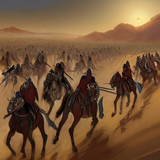 crusaders charging across the desert sand at the | Stable Diffusion