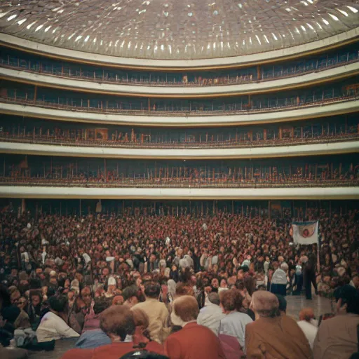 Prompt: Visitors inside the Palast der Republik, German Democratic Republik 1987, color photography, Sigma 85 mm