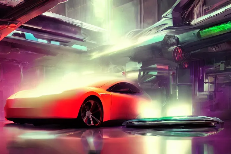 Prompt: a photo of a futuristic science fiction tesla car on a reflective black floor in a neon laboratory, hyper detailed, smooth, high contrast, volumetric lighting, octane, jim lee, craig mullins, vibrant rich deep color