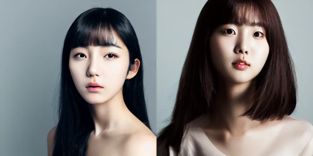 Prompt: Beautiful young korean woman with deep brown eyes and black hair posing, portrait mode photo, popular korean makeup, straight nose, smooth symmetrical chin, only a few bangs of hair, light background, photo realism, 4k detail