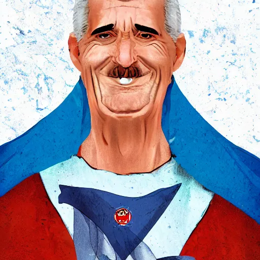 Prompt: 65 year old hero with a scar on his face, a blue cape, standing atop a mountain in the Rockies, digital art, portrait