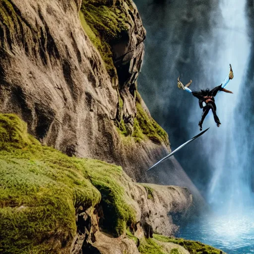 Image similar to man with sword jump of the cliff in front of the waterfall, dragons flying around, anime, realistic shot, nature, animal planet, superhero