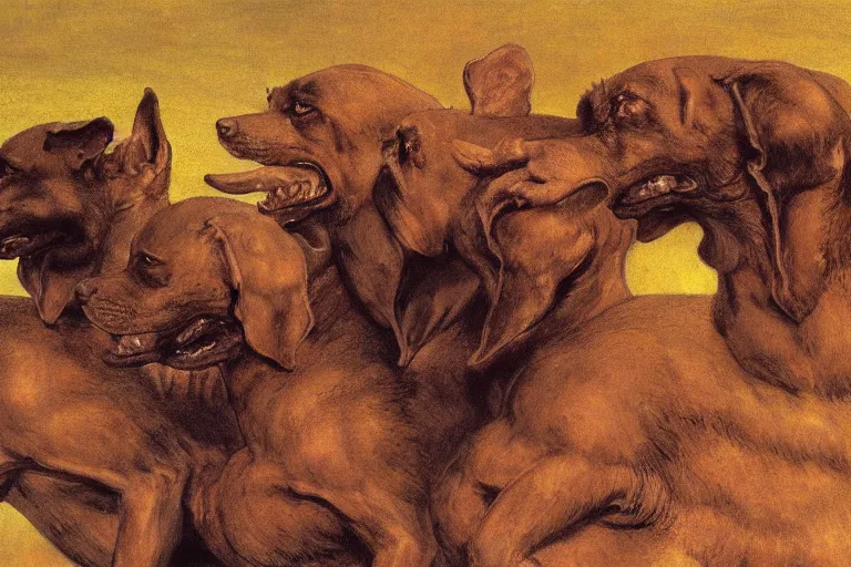 Image similar to hyperdetailed matte art of a three headed dog cerberus by william blake, ilya repin, amano, rene magritte, craig mullins, three headed dog cerberus, details