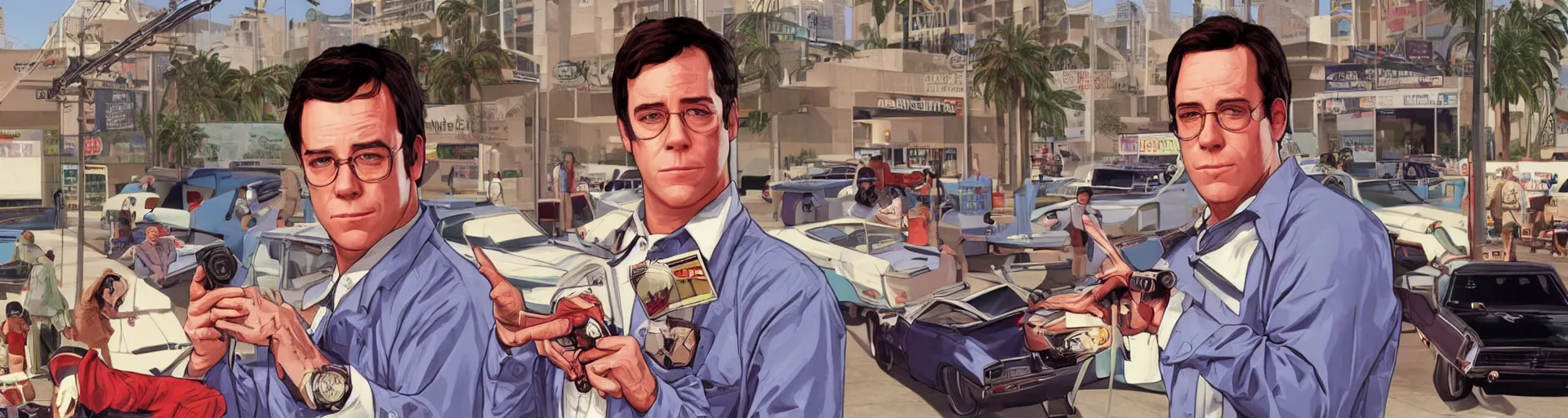 Prompt: GTA V illustration of 1980s Matthew Broderick on the cover of GTA V, outside of a 1980’s shopping mall