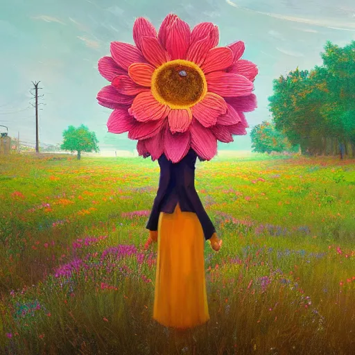 Image similar to giant daisy flower head, frontal, girl in a suit, surreal photography, sunrise, dramatic light, impressionist painting, digital painting, artstation, simon stalenhag