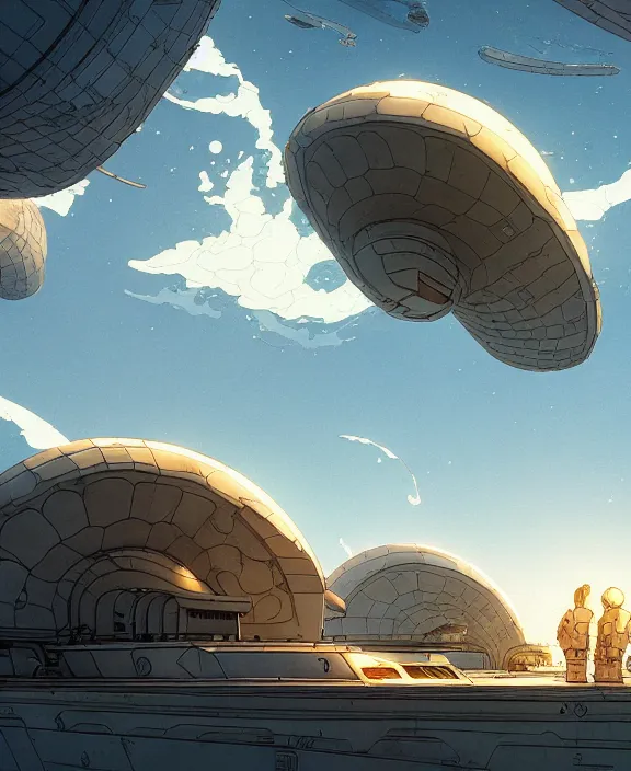 Prompt: simplicity, three buildings made out of nautilus, in the style of a spaceship, partly cloudy, dramatic lighting, by geof darrow, bill sienkiewicz, dan mumford, yusuke murata, makoto shinkai, ross tran, cinematic, unreal engine, cel shaded, featured on artstation, pixiv