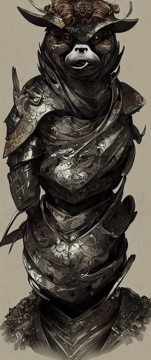 Image similar to graphic, hyperreal illustration of anthropomorphic sloth in traditional samurai armor : : digital art, concept art, character development : : illustrated by artgerm, yoji shinkawa, scott buoncristiano, nychos