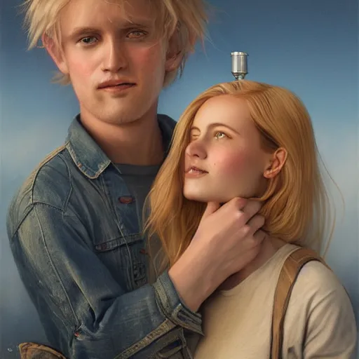 Image similar to a highly detailed side portrait of a young couple from the side, holding a tin can, remote icelandic village, summer, jeans and t shirt, blonde hair, muted colors, by tom bagshaw, trending on artstation,