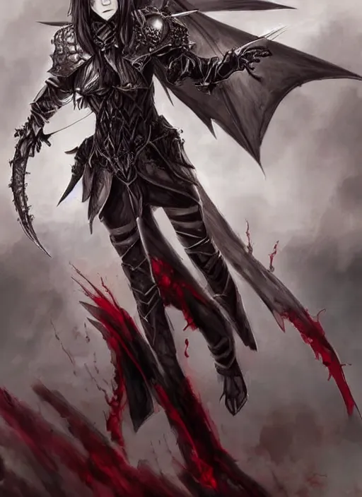 Image similar to dnd art, female vampire knight, flying, barefoot, black plate armor, historical armor, realistic armor, full body, monstrous mask, giant two - handed sword dripping blood, red wings, grinning, barefeet, realistic, pathfinder.