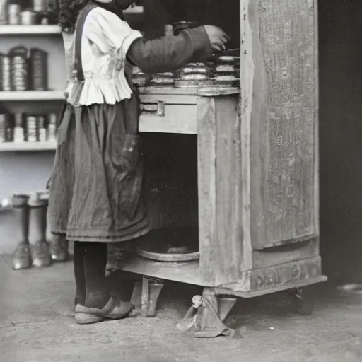 Image similar to victorian child standing in a dill maker's shop