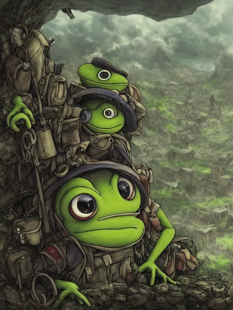 Image similar to resolution 4k worlds of loss and depression made in abyss design pepe the frog fighting in the civil war war , battlefield darkness military drummer boy , desolated city ivory dream like storybooks, fractals , pepe the frog , art in the style of and Oleg Vdovenko and Gustave dore and Akihito Tsukush
