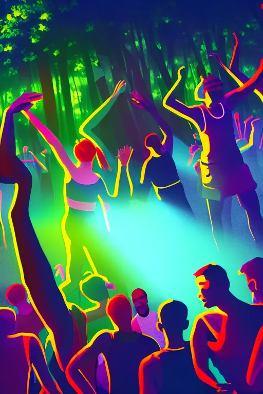 Prompt: scene of a few people dancing at a party in the forest in front of big bass speakers, vibrant colours, beautiful, digital art, winning award masterpiece, cinematic lighting, trending on artstation, 8 k