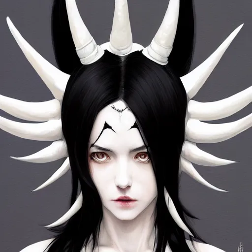 Prompt: woman with black hair and white horns coming out of forehead, very high intricate details, painting, digital anime art, medium shot, mid - shot, reflections, wlop, ilya kuvshinov, artgerm, krenz cushart, greg rutkowski, sana takeda