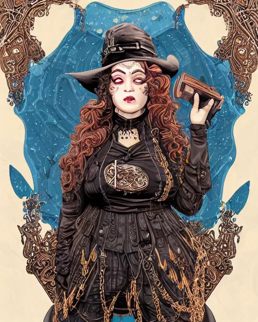 Prompt: a detailed portrait illustration of a steampunk witch - gunslinger. beautiful obese black female face. blue asian eyes. goth chinese aesthetic. art nouveau, pop art, comic book style. influenced by neil gaiman, h. p. lovecraft, dan mumford, android jones, tim burton, killian eng, ross tran, mao hamaguchi.