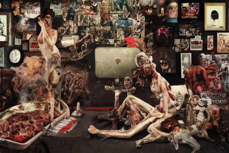 Prompt: full color american nightmare, joel peter witkin photo of 1 9 5 0 s suburban family, meaty capitalist propaganda meets body horror, sweaty patriotic nihilism, annie liebovitz, bosch, disney, gustave dore, pixar