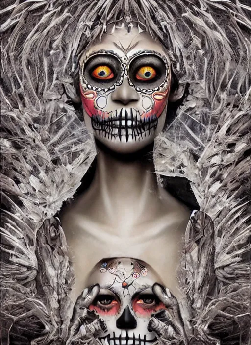 Image similar to dia de los muertos theme surrealist art in the styles of igor morski, jim warren, and aida muluneh, intricate, hyperrealistic, accurate facial details, profile picture with chromakey!!!!! background, volumetric lighting