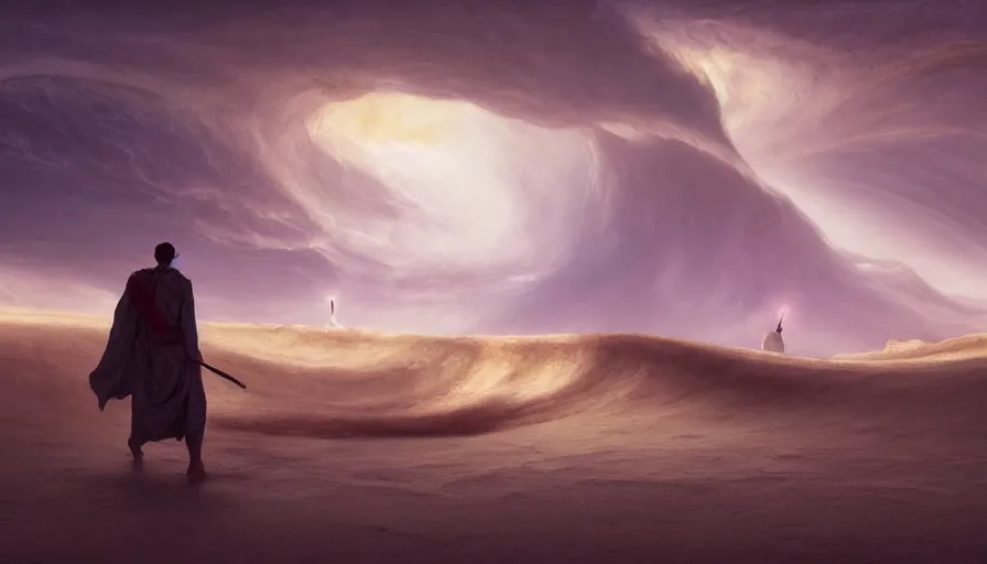 Image similar to a glowing magical portal inside a big wave made of sand fantasy desert, portal, a man watching over, lightning, arabia, by caspar david friedrich by james gilleard and justin gerard, artstation, smooth, sharp focus, by jean baptiste, octane render