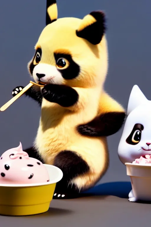 Image similar to high quality 3 d render hyperrealist very cute lowbrow happy panda & cat hybrid eating ice cream, vray smooth, in the style of detective pikachu, very dramatic light, low angle, uhd 8 k, shallow depth or field
