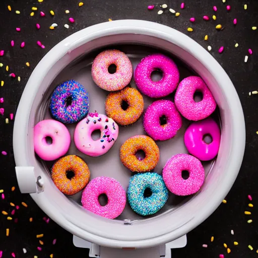 Image similar to photo of toilet filled with pink-frosted donuts and colorful sprinkles, 50mm, beautiful photo