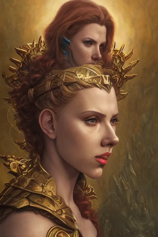 Image similar to A fantasy comic book style portrait painting of Scarlett Johansson as an Atlantean Reptilian Warrior, Mystical Valkyrie, unreal 5, DAZ, hyperrealistic, octane render, Regal, Refined, Detailed Digital Art, RPG portrait, William-Adolphe Bouguereau, Michael Cheval, Walt Disney (1937), François Boucher, Oil Painting, Steampunk, dynamic lighting, Highly Detailed, Cinematic Lighting, Unreal Engine, 8k, HD