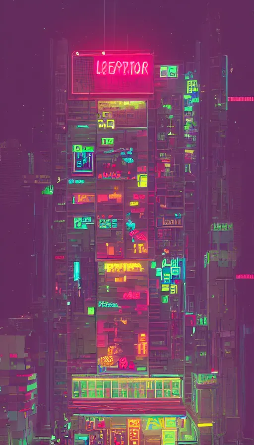 Prompt: a drawing of a building with a neon sign on top of it, cyberpunk art by james gilleard, behance contest winner, pixel art, voxel art, # pixelart, retrowave