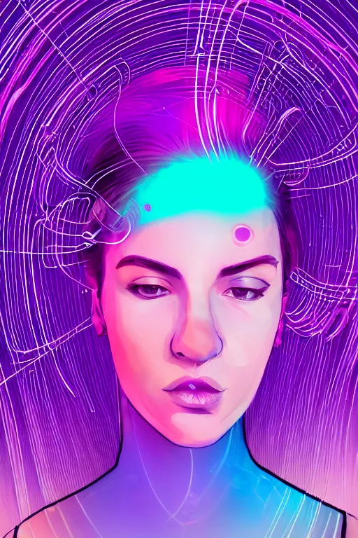 Image similar to a award winning half body portrait of a beautiful woman in a croptop and cargo pants with ombre purple pink teal hairstyle and hands in pockets by ari liloan, surrounded by whirling illuminated lines, outrun, vaporware, shaded flat illustration, digital art, trending on artstation, highly detailed, fine detail, intricate