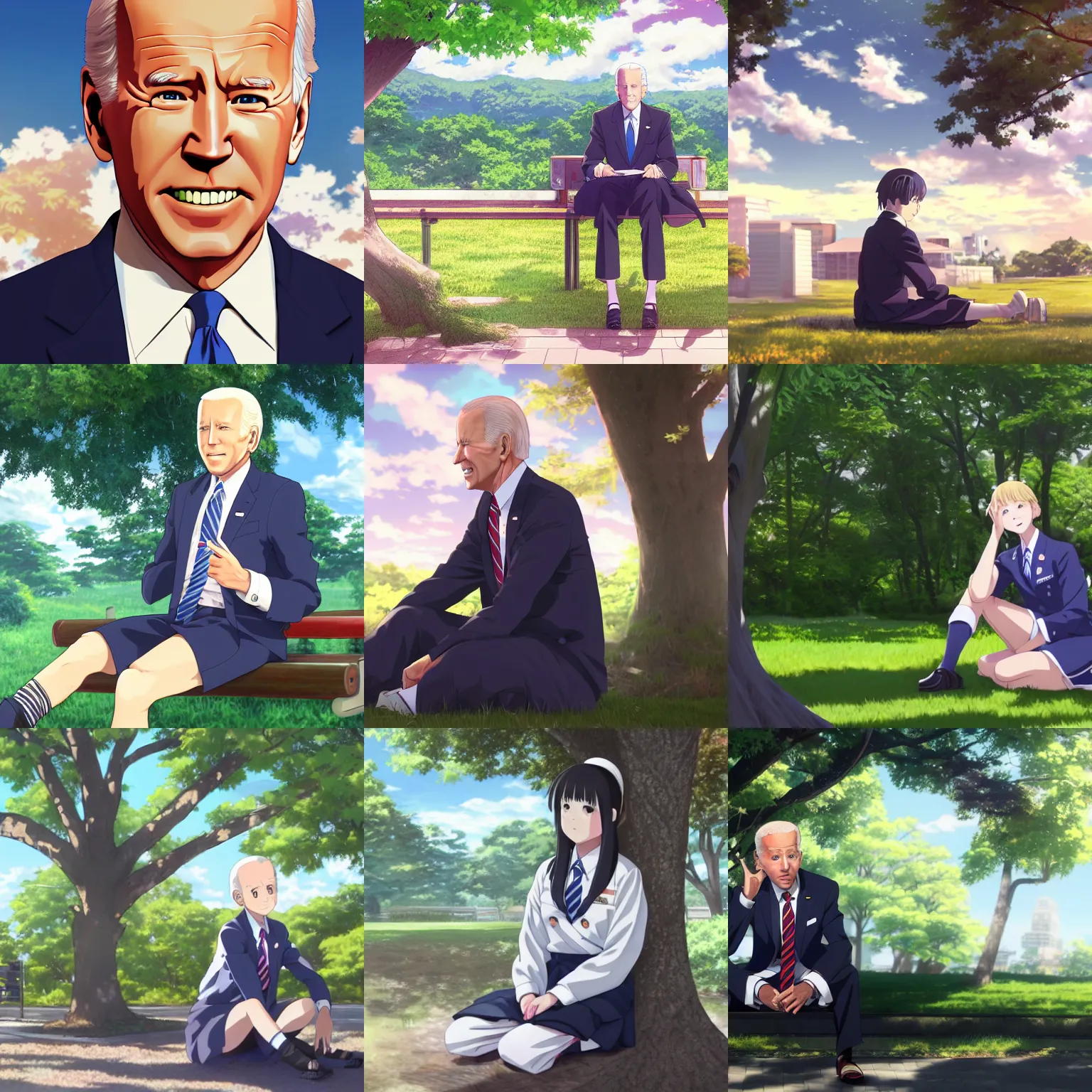Prompt: photorealistic joe biden in a japanese schoolgirl uniform sitting under a tree, anime key visual, digital art, anime screenshot, kyoto animation, makoto shinkai, trending on artstation