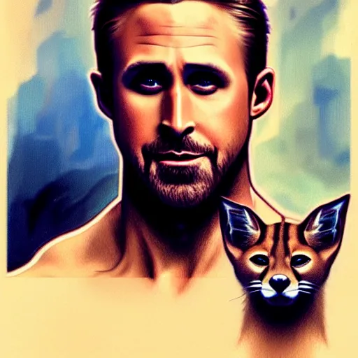 Image similar to Muscular Ryan Gosling holding cute caracal, portrait, sci-fi, fantasy, intricate, elegant, highly detailed, digital painting, artstation, concept art, smooth, sharp focus, illustration, art by artgerm and greg rutkowski and alphonse mucha