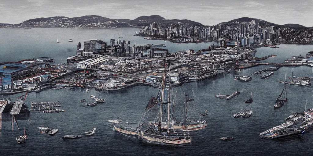 Prompt: cinematic photograph of the victoria harbor in british columbia, orwellian, ultra realistic, intricate, digital painting, ambient, by felicie haymoz and jamie hewlett, industrial art style, 3 5 mm film grain, artstation