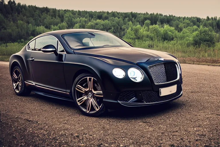 Image similar to modern rusty matte tired Bentley Continental GT without gloss no reflections drives along the road of an old Russian village with houses at the edges