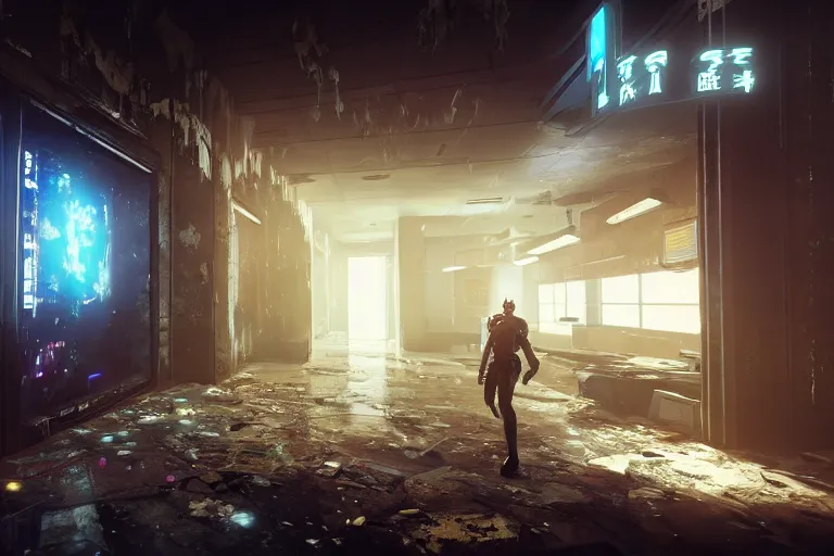 Image similar to a surrealistic first person shooter game trailer on a abandoned cyberpunk shopping mall, cinematic lightning, ray tracing, unreal engine, photorealistic fps game concept art, detailed, dark, moody, foggy