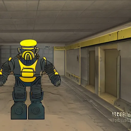 Prompt: fallout enclave fighter in power armor with a minigun in his hands stands next to the entrance to the fallout shelter, fallout 2 stylization, pseudo 3 d isometry, pixel, post - apocalypse,