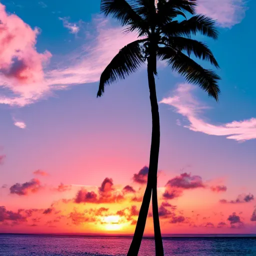 Image similar to Photo of the middle of the ocean, tiny, hilly islands made of sand, a couple of palm trees, sunset, pink clouds, dreamy, enchanting, ultrarealistic, establishing shot