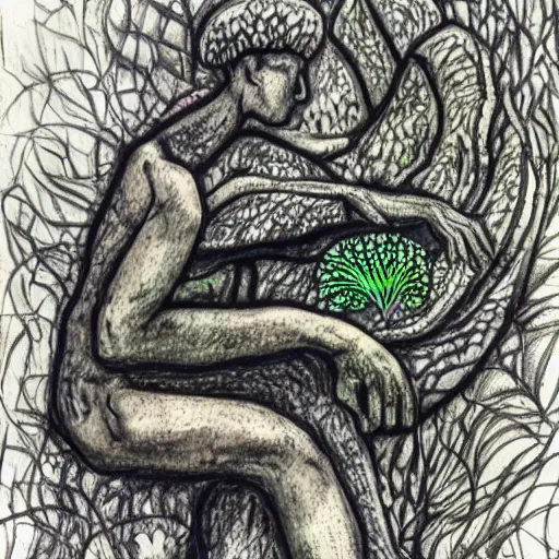 Prompt: The Thinker Sculpture covered in mushrooms & peyote & ayahuasca, sitting in a dense forest, ink sketch, Naturalists notebook