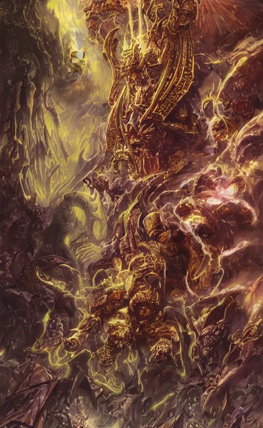 Prompt: epic omnious academic drawing of a heroic but corrupted wh40k heretic marine having his consciousness uploaded into iridescent warp by Slaanesh his Highness the chaotic androgynous deity in solemn golden and marble slaaneshite temple by James Gurney, Zdislaw Beksinski, Alex Gray, Greg Rutkowski, Robert McCall