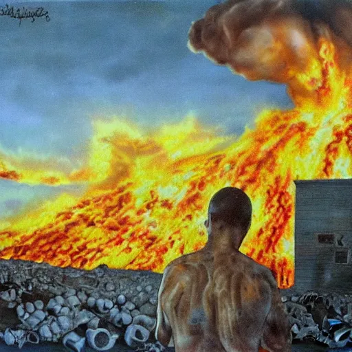 Image similar to armageddon they will be dead and we go to paradise, funny and frightened ukrainian burned to bones in dirty yellow and blue rags on the background of a huge nuclear explosion hyperrealism, selfie