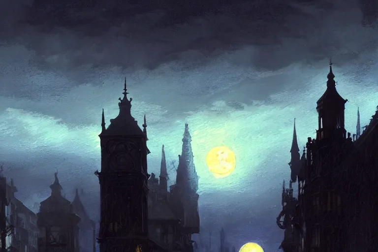 Prompt: a monster silhouette in the sky above a victorian city, scene in a rainy night. full moon, 1 8 9 0, key visual, conceptart, ambient lighting, highly detailed, digital painting, artstation, concept art, sharp focus, by makoto shinkai and akihiko yoshida and greg manchess